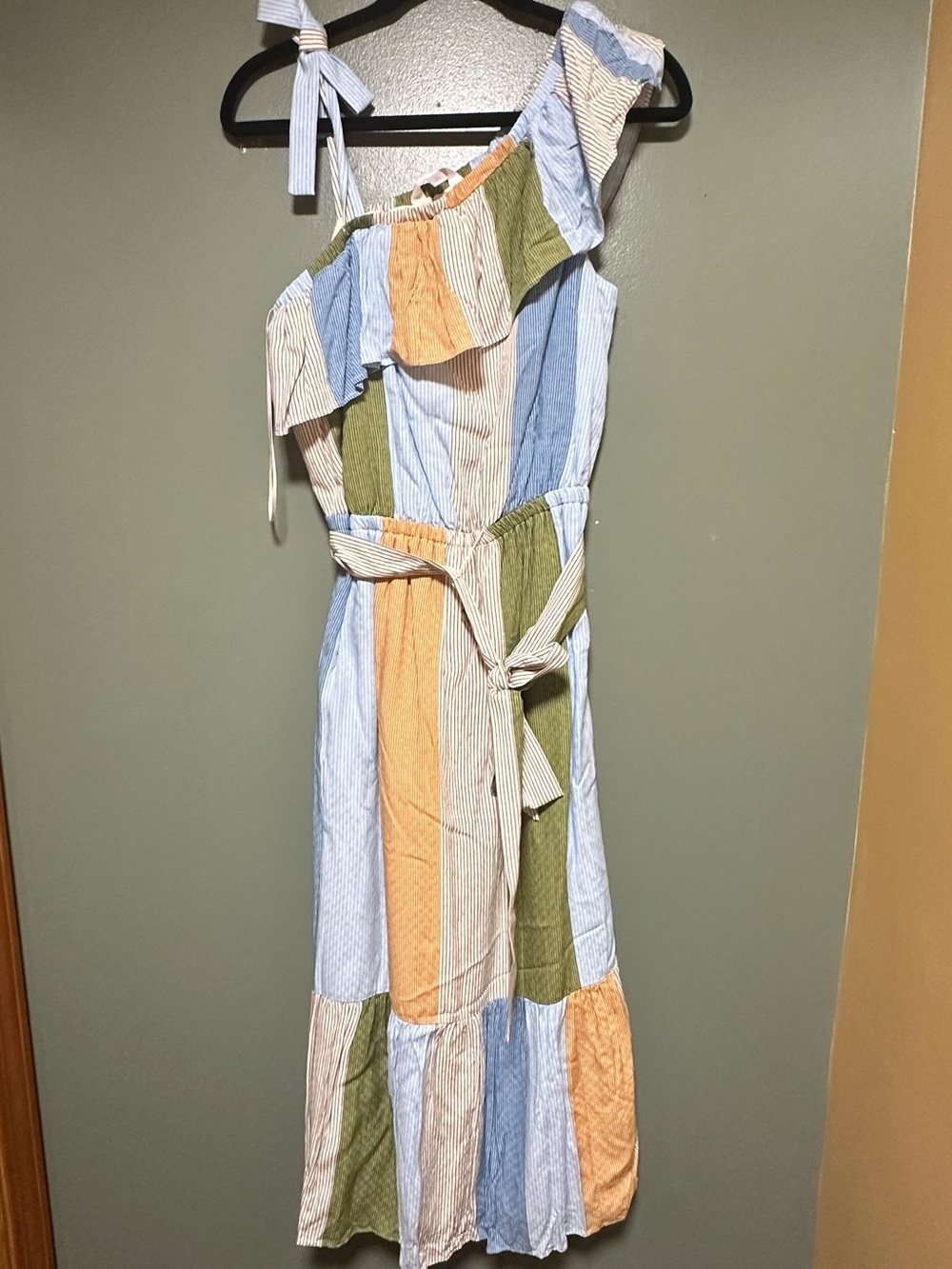 Lauren Conrad One-Shoulder Patchwork Midi Dress in Blue, Green & Yellow size M